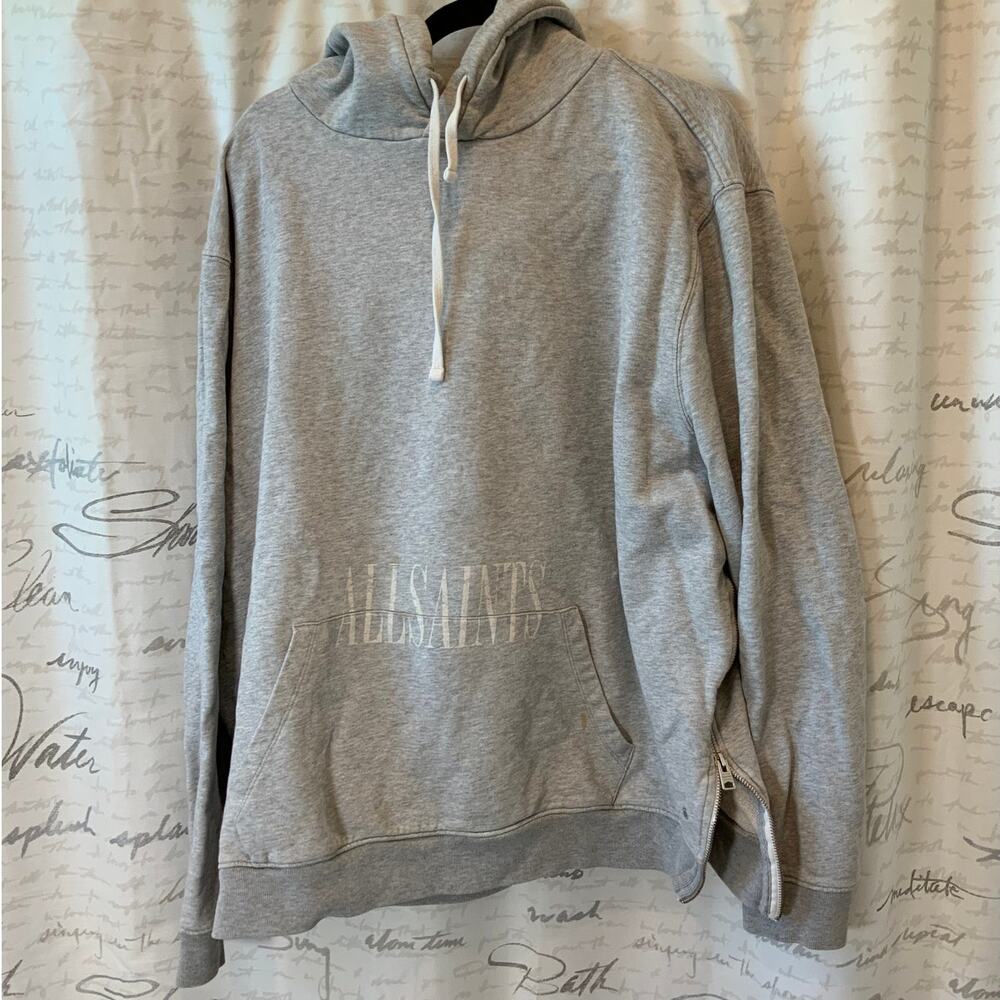 AllSaints Grey Graphic Logo Hoodie Sweatshirt XXL Side Zip Unisex Streetwear
